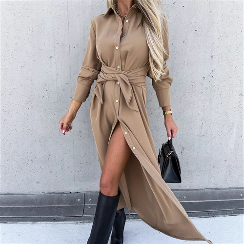 Ladies Elegant Midi Dress with Belt and Chic Button Placket and Style