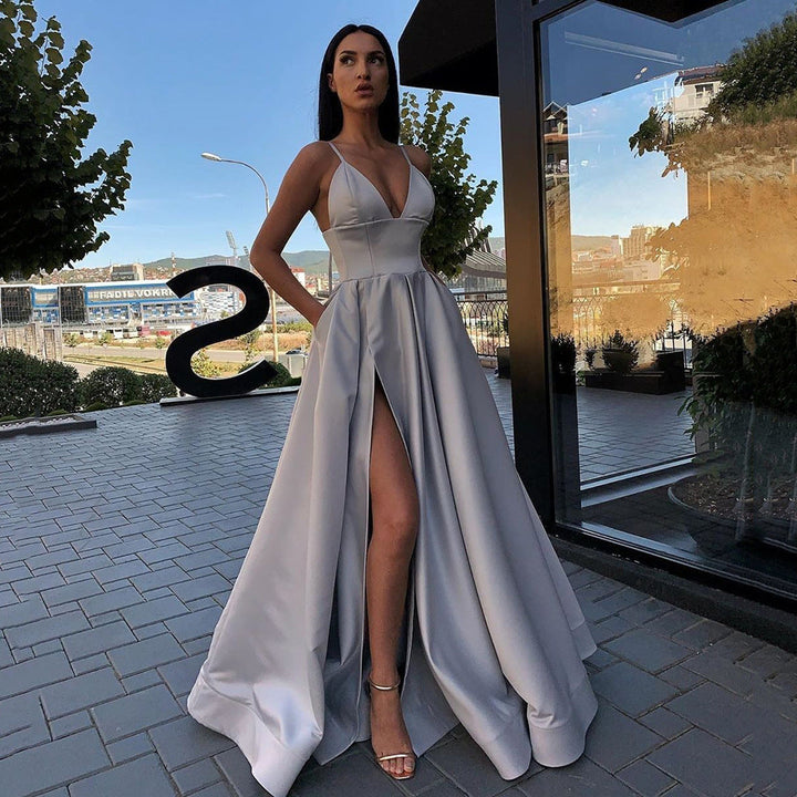Women's Evening Dress with Exciting Slit and Elegant V-Neck Lune London