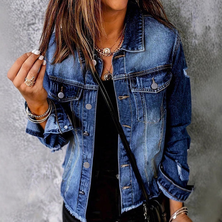 Women's Casual Denim Jacket with Distressed Details, Patch Chest Pockets and Frayed Hem Amarae