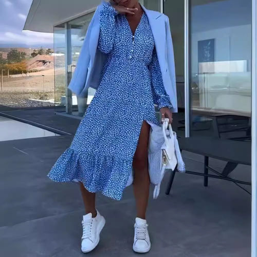Robe portefeuille pour femmes avec volant floral et détails de boutons Chic & Stil