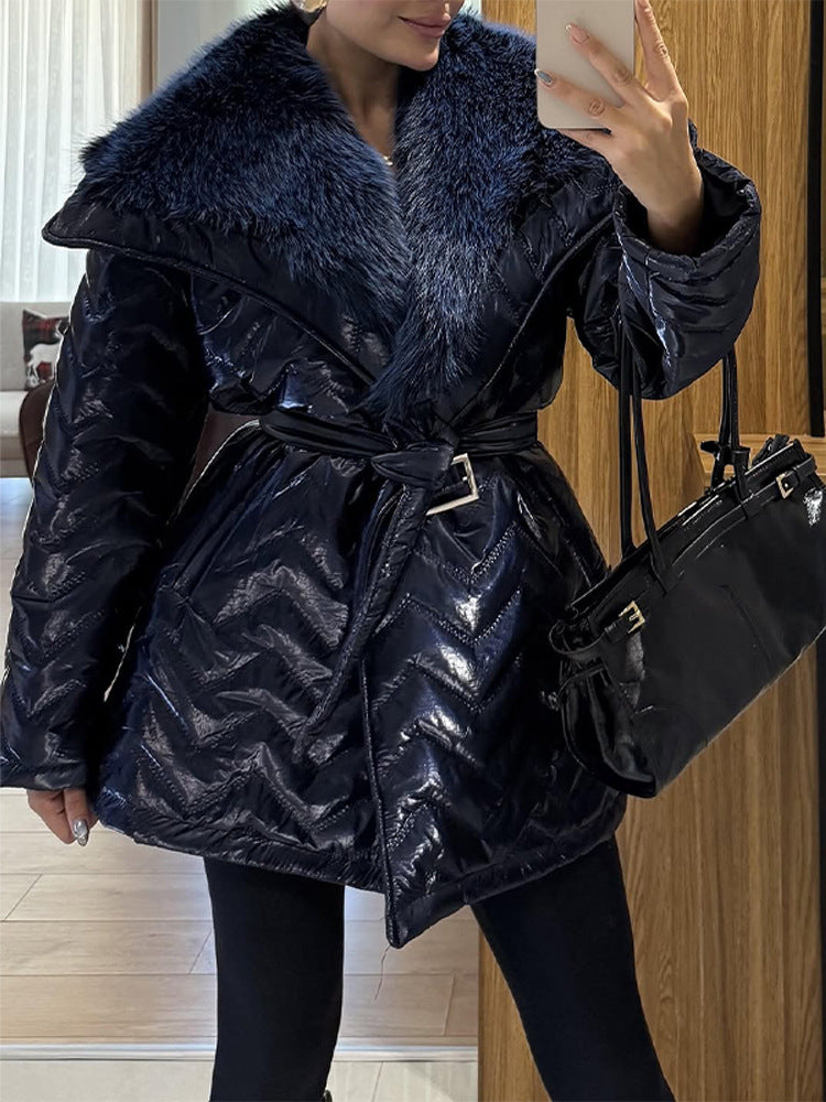 Ladies Shiny Padded Jacket with Waist Belt and Voluminous Faux Fur Collar Amarae