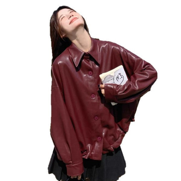 Women Oversized Faux Leather Jacket with Practical Pockets and Button-Down Closure Chic & Stil