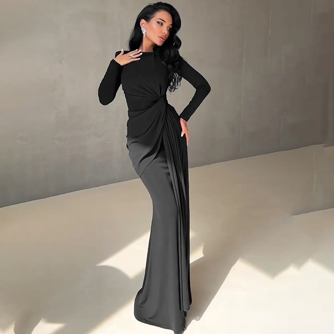 Ladies Elegant Long Dress with Gathered Details and High Collar Lune London