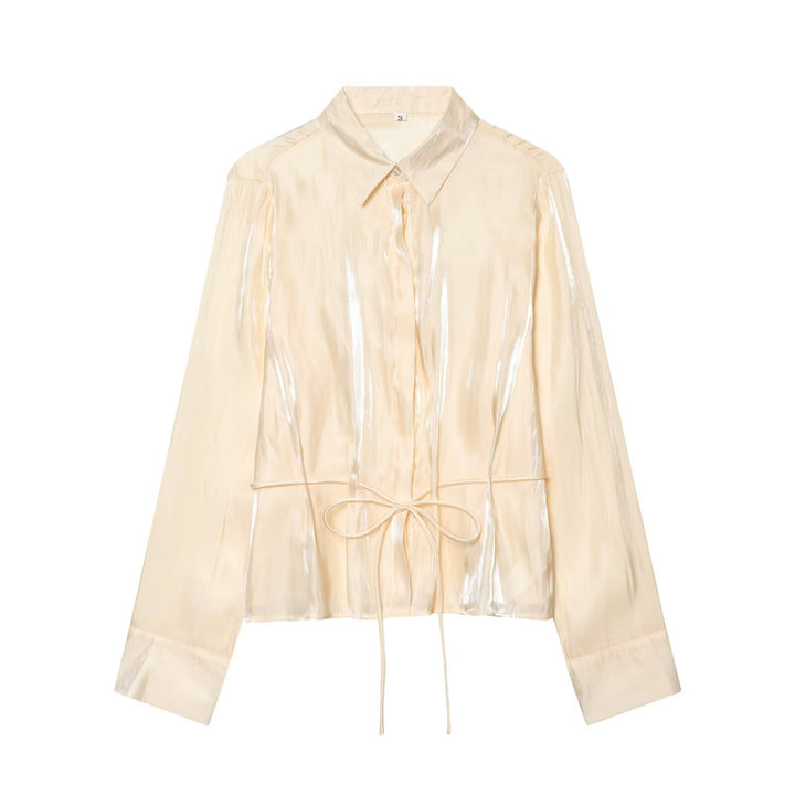 Women's Lightweight Satin Blouson in Crop Cut with Shirt Collar and Drawstring Detail