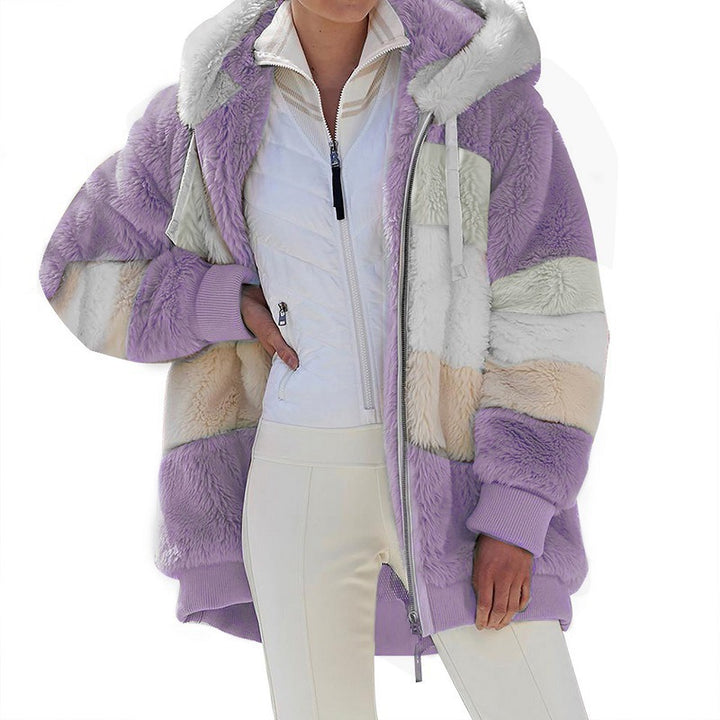 Women's Striped Oversized Teddy Jacket with Hood, Zipper and Ribbed Cuffs Amarae