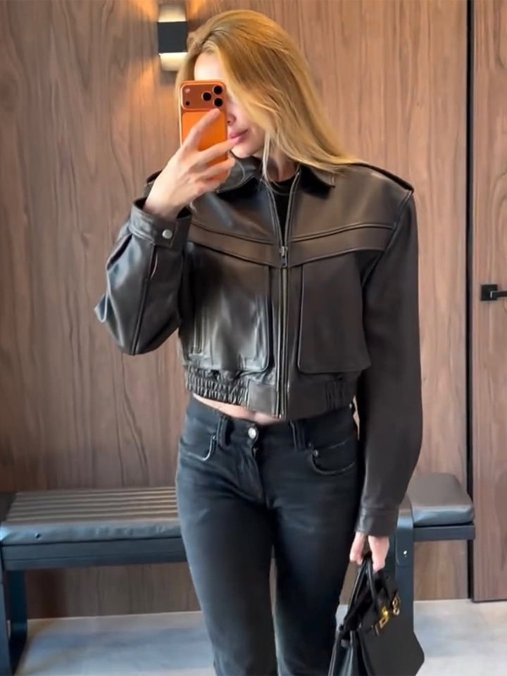 Women's short-cut leather jacket with elastic hem and patch chest pockets Amarae