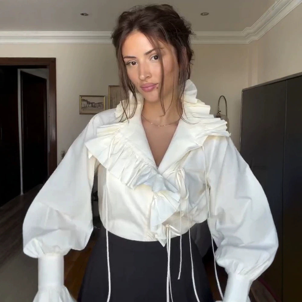 Women's ruffled blouse with voluminous flounce collar and drawstrings Amarae