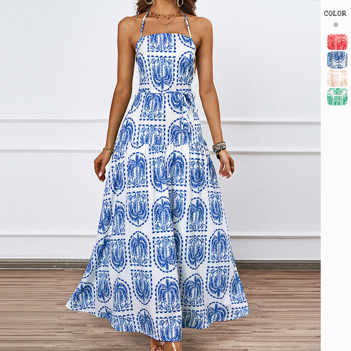 Women's maxi dress with fine graphic print and adjustable halter neck Chic & Stil