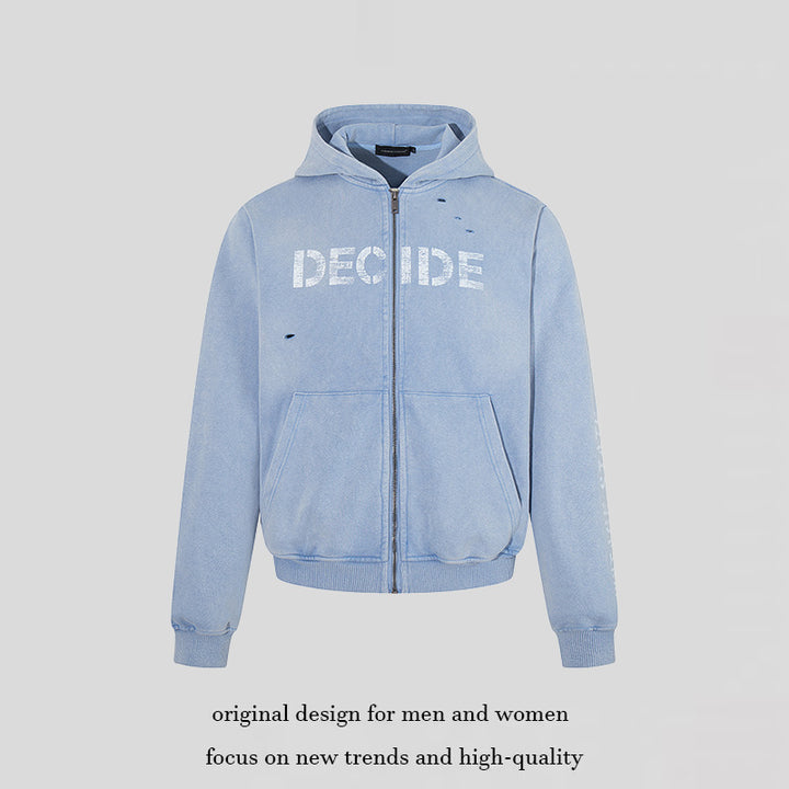 Men's hoodie zip jacket in vintage look with statement print and destroy details Amarae