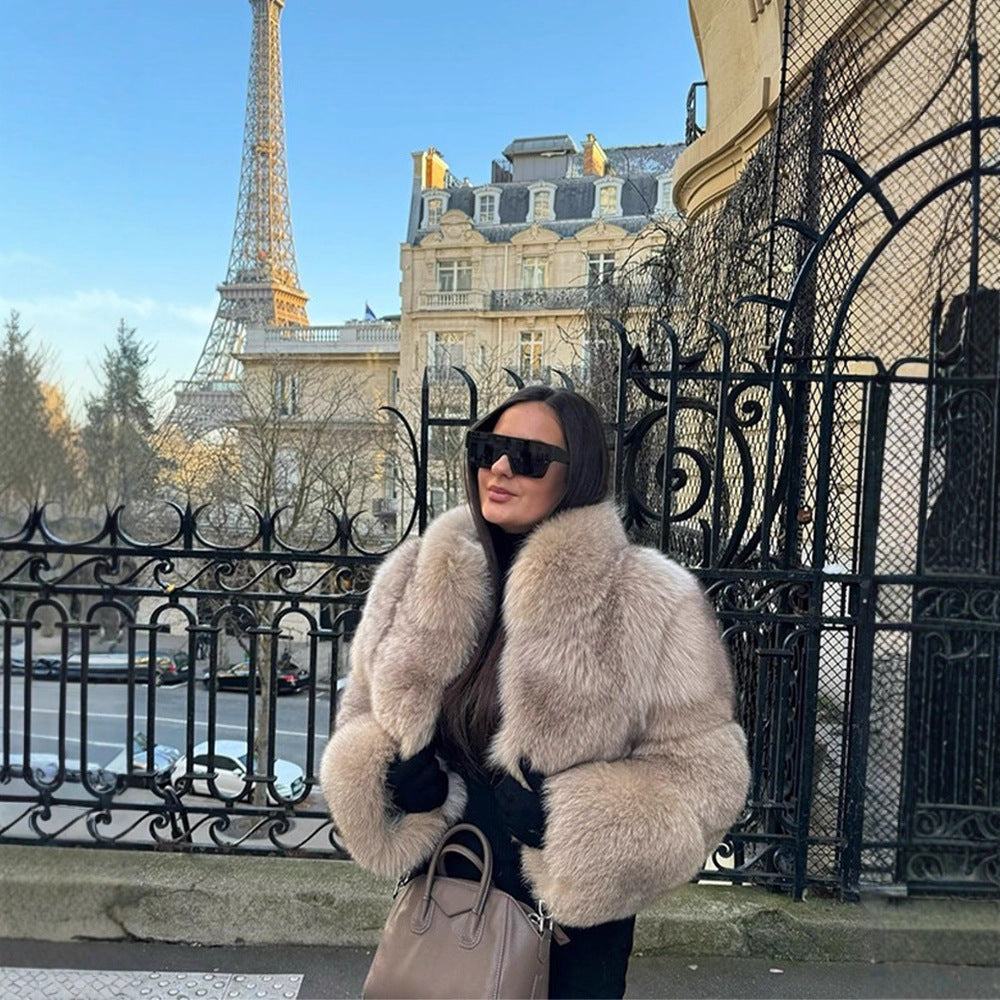 Women's Short Cut Luxury Faux Fur Blouson with Voluminous Shawl Collar Amarae