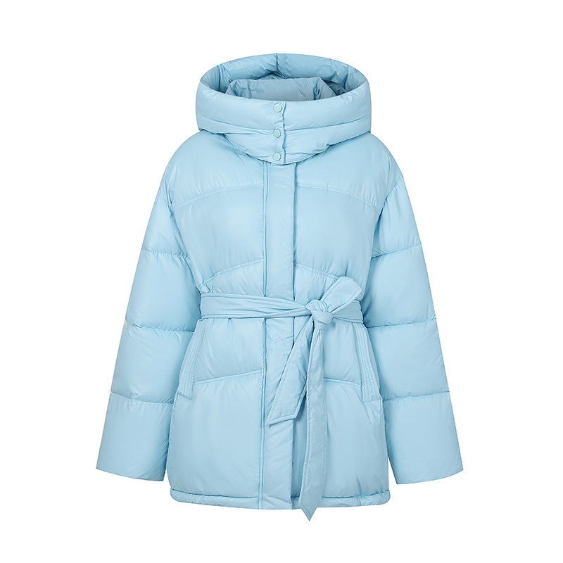 Quilted winter coat fashion for women with belt and hood Lune London