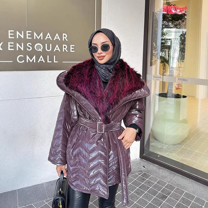 Ladies Shiny Padded Jacket with Waist Belt and Voluminous Faux Fur Collar Amarae