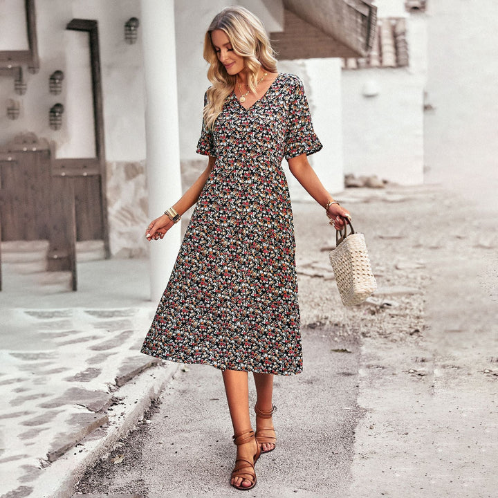 Women's Midi Dress with Floral Pattern and Playful V-Neck Lune London