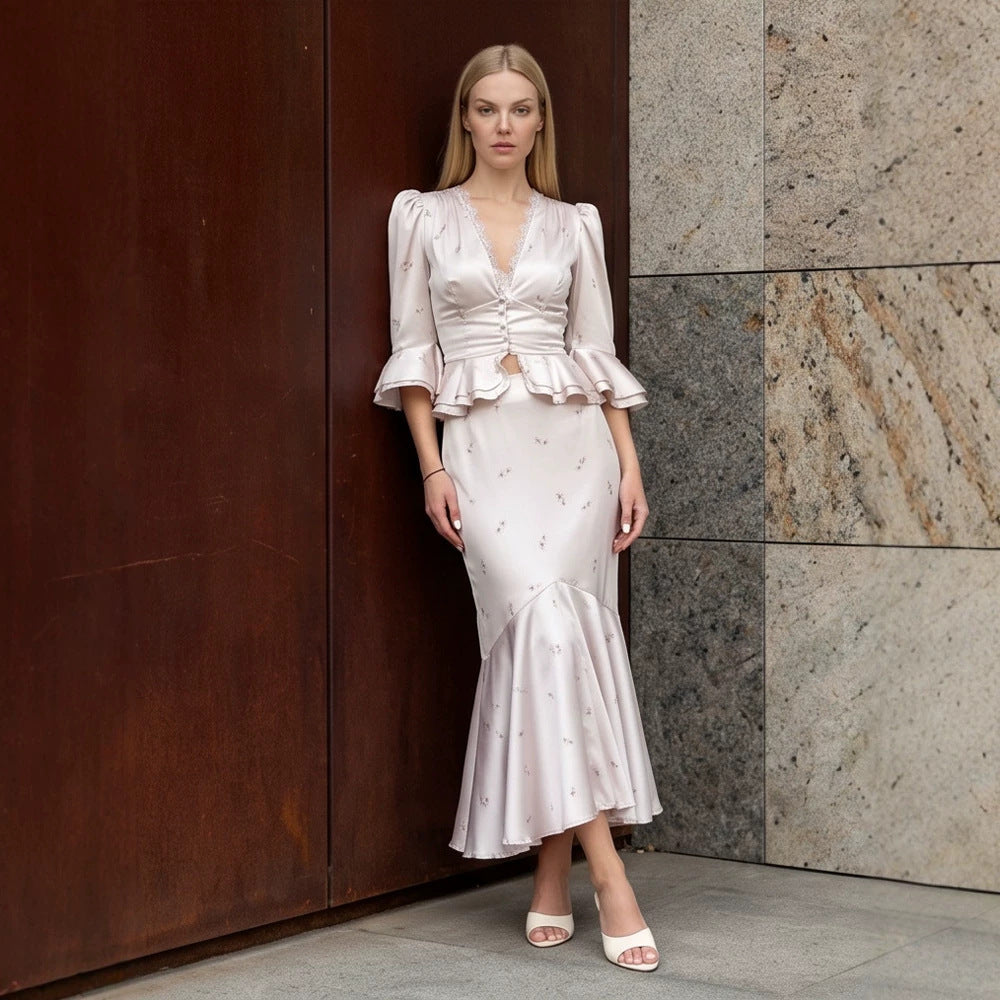 Women's Two-Piece Satin Set with Tailored Peplum Blouse & Mermaid Midi Skirt Amarae