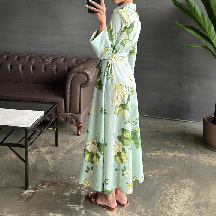 Maxi dress for women with floral patterns and wrapped belt Lune London