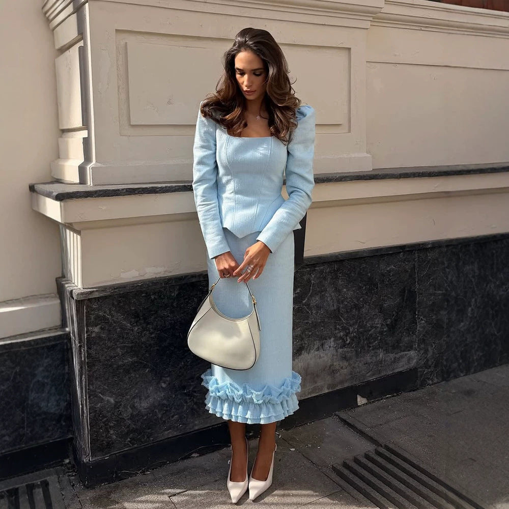 Ladies two-piece tailored ensemble with square neckline and flounce midi skirt Amarae