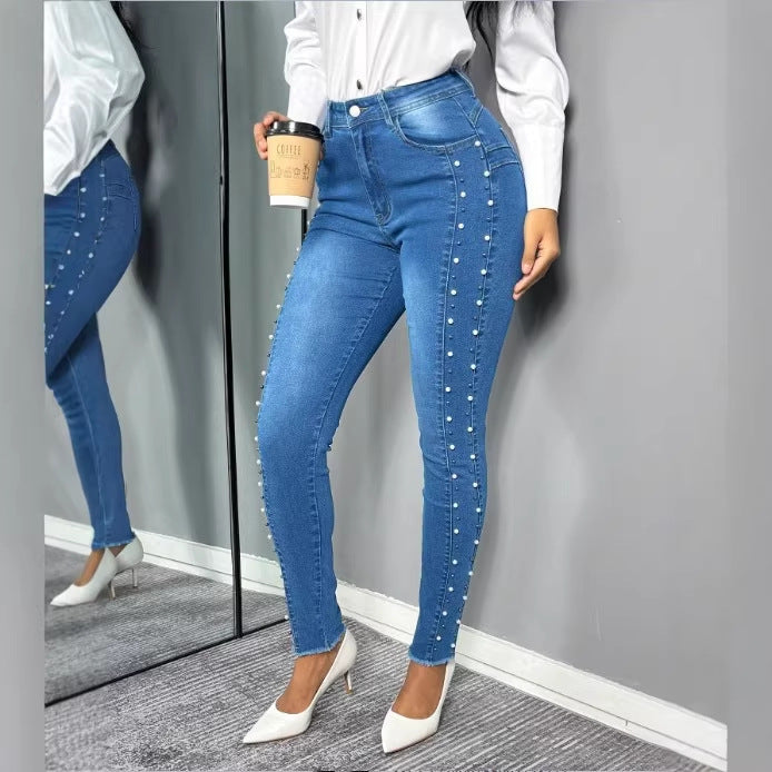 Women's shaping high-waisted skinny jeans with side pearl embellishment Amarae