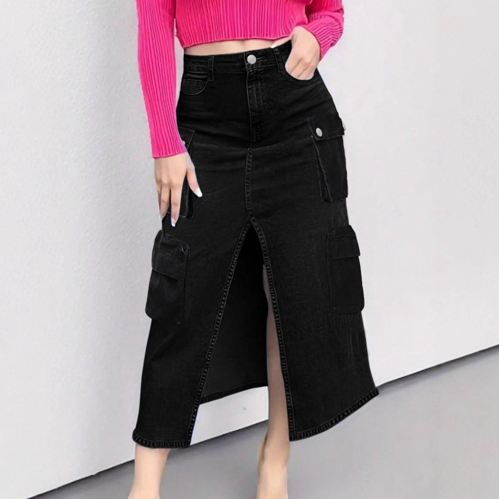 Women high waist cargo denim midi skirt with front slit and flap pockets Amarae
