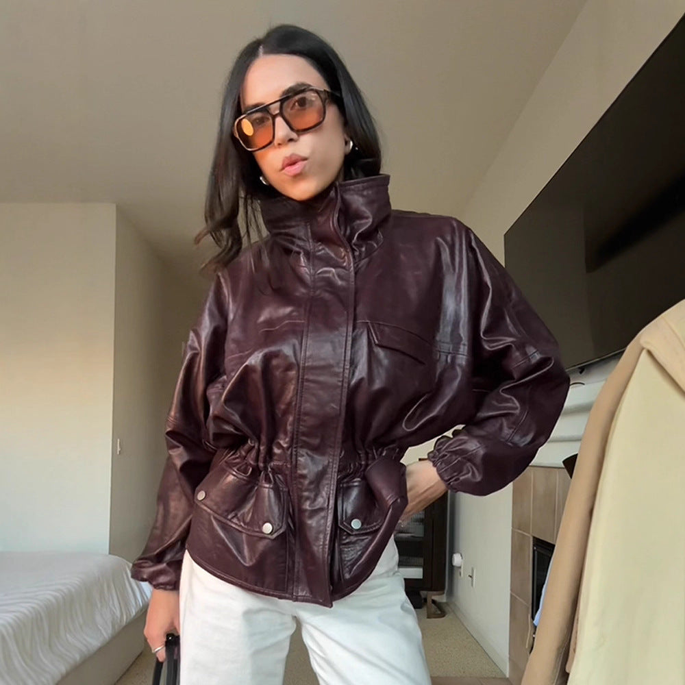 Women's Oversize Faux Leather Blouson with High Stand Collar and Waist Drawstring Amarae