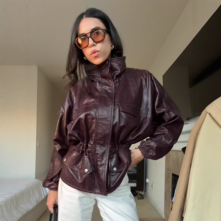 Women's Oversize Faux Leather Blouson with High Stand Collar and Waist Drawstring Amarae