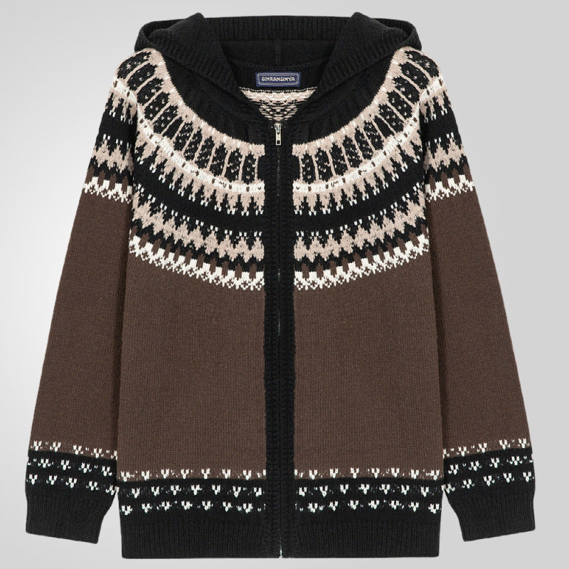 Men's knitted jacket with traditional Norwegian pattern and hood Lune London