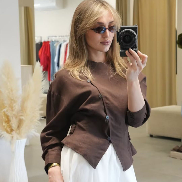 Women’s asymmetrical tailored blouse jacket made of linen with diagonal button closure Amarae