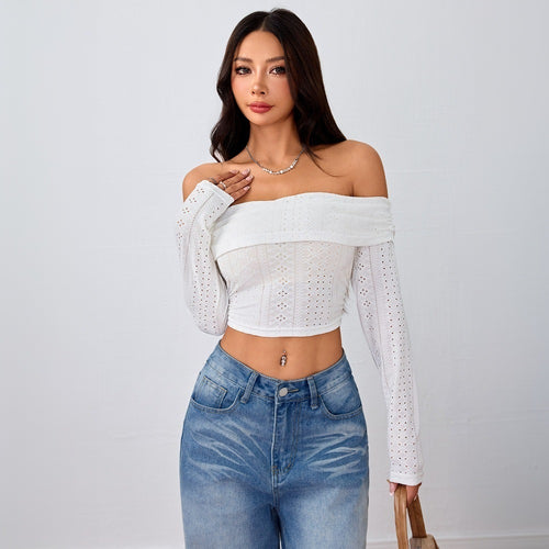 T-shirt court décolleté plongeant pour femmes avec manches bouffantes longues et structure en dentelle élégante Chic & Stil