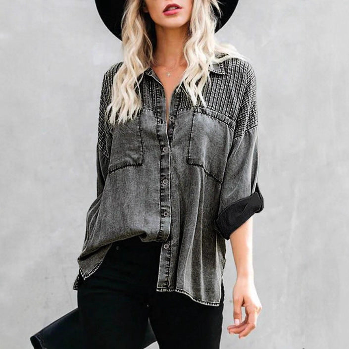 Women's Oversized Denim Blouse with Quilted Yoke, Button Placket and Patch Chest Pockets Amarae