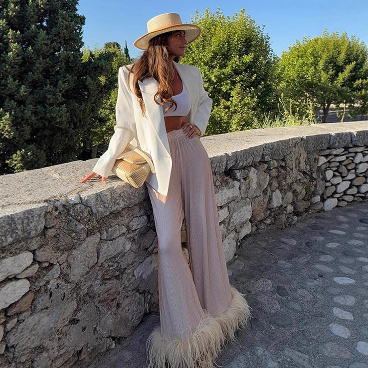 Women's Pleated Palazzo Pants with Wide Leg & Feather Trim Amarae