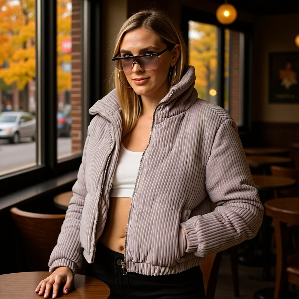 Veste en corduroy décontractée pour femmes avec col haut et poignets élastiques Chic & Stil