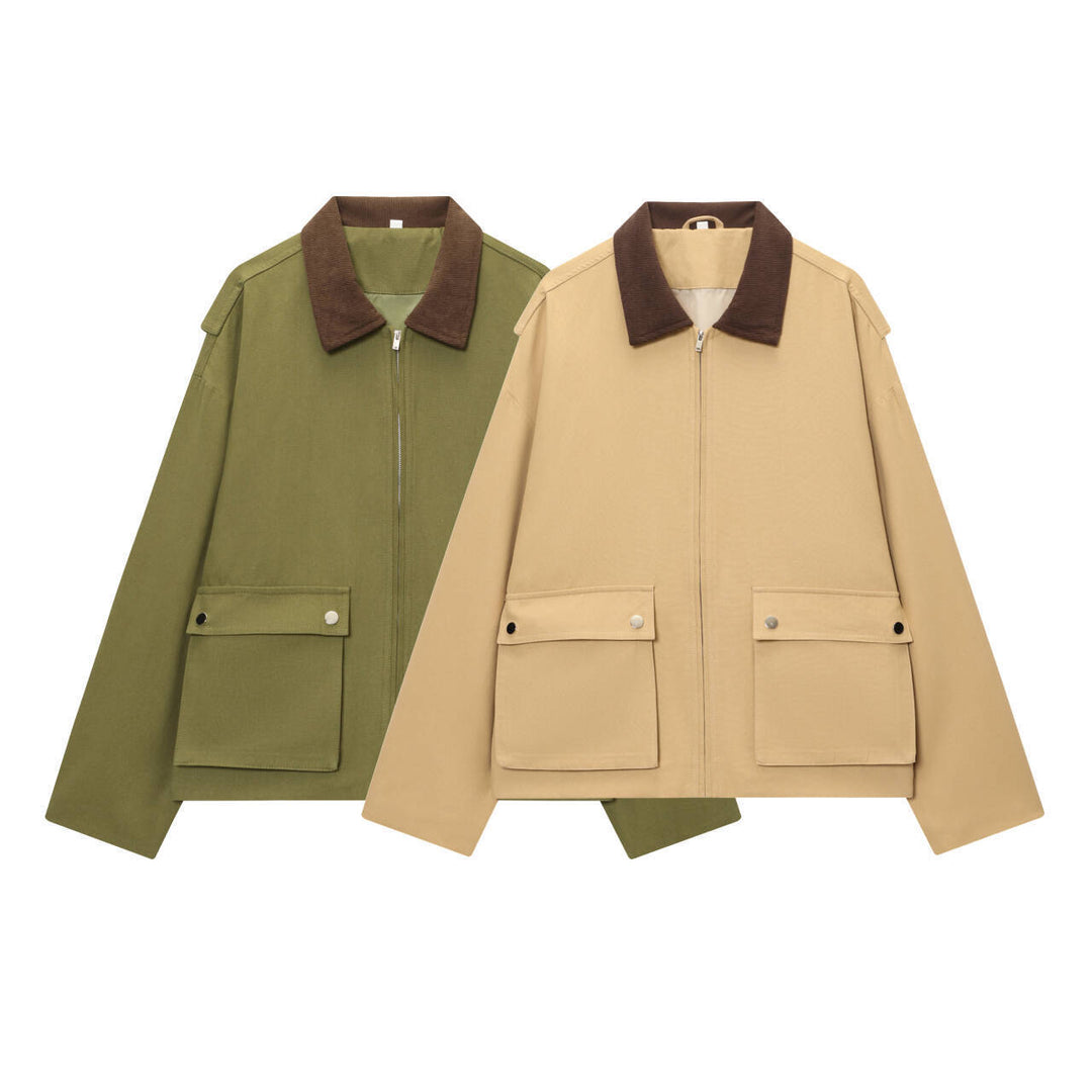 Women's utility field jacket with corduroy collar, zipper, and patch flap pockets Amarae