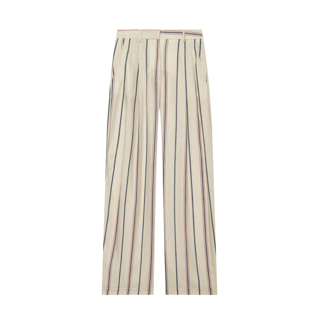 Women's loose linen trousers with pleats, high waistband and vertical stripes Amarae