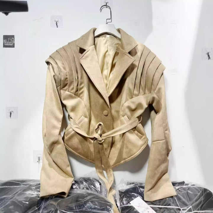 Elegant synthetic leather jacket for women with ruffle details and practical pockets Lune London