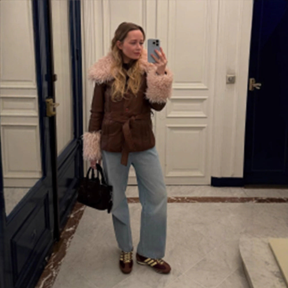 Women tailored leather imitation jacket with tie belt, opulent removable faux fur shawl collar and fur cuffs Amarae
