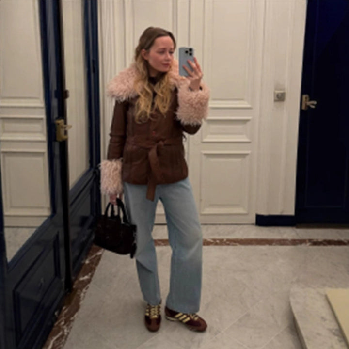 Women tailored leather imitation jacket with tie belt, opulent removable faux fur shawl collar and fur cuffs Amarae