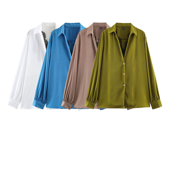 Women's Silky Oversized Blouse with Lace Insert and Shirt Collar Amarae