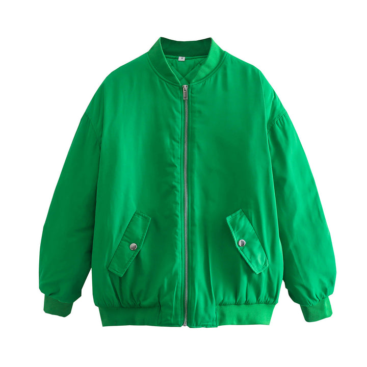 Women Boxy Bomber Jacket in Oversized Look with Zipper and Slanted Flap Pockets Amarae