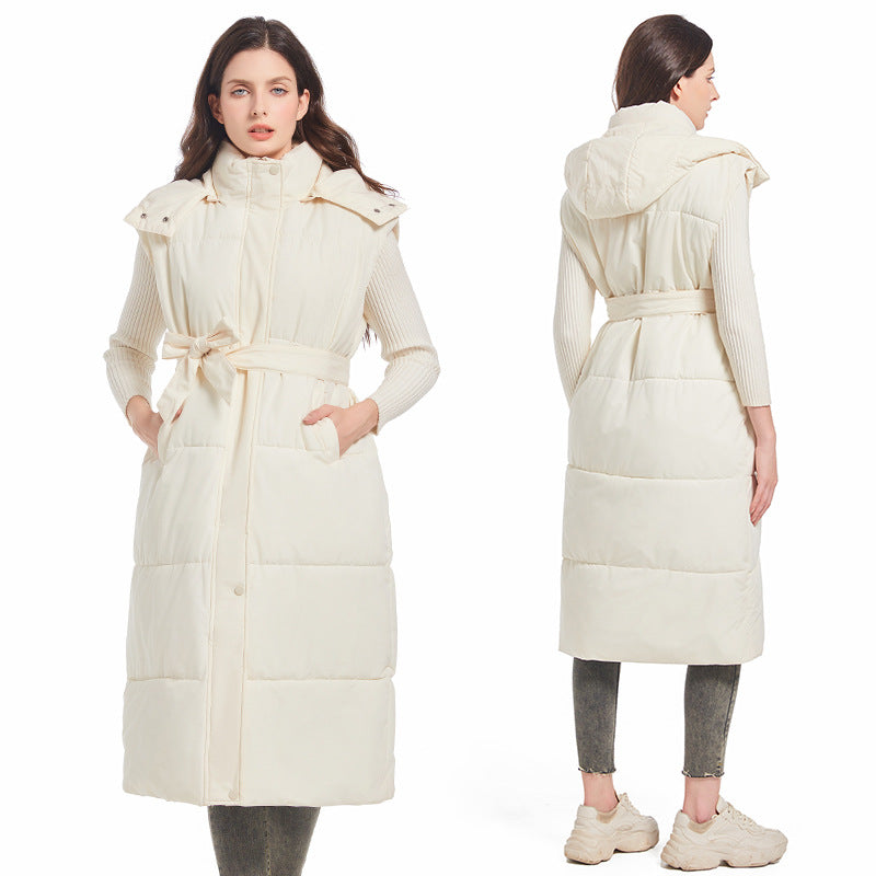 Women Long quilted cardigan with belt and hood Lune London