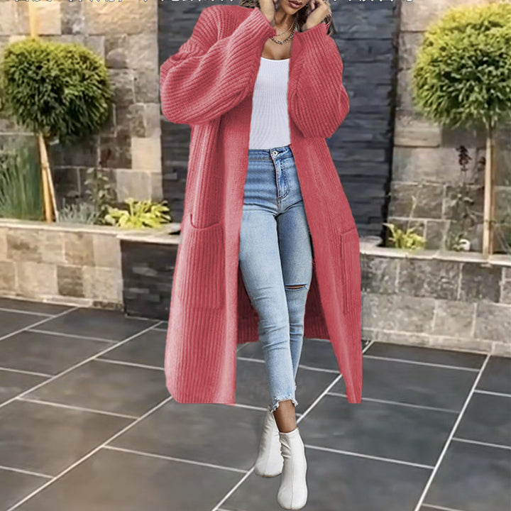 Ladies Long Knit Coat with a Chunky Rib Structure and Practical Pockets Lune London
