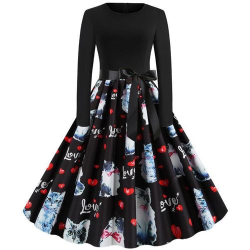 Robe swing pour dames avec motif de chat et ceinture élégante Chic & Stil