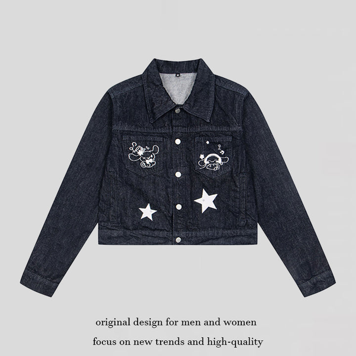 Women Short Cropped Denim Jacket with Star Applications and Cartoon Embroideries Amarae