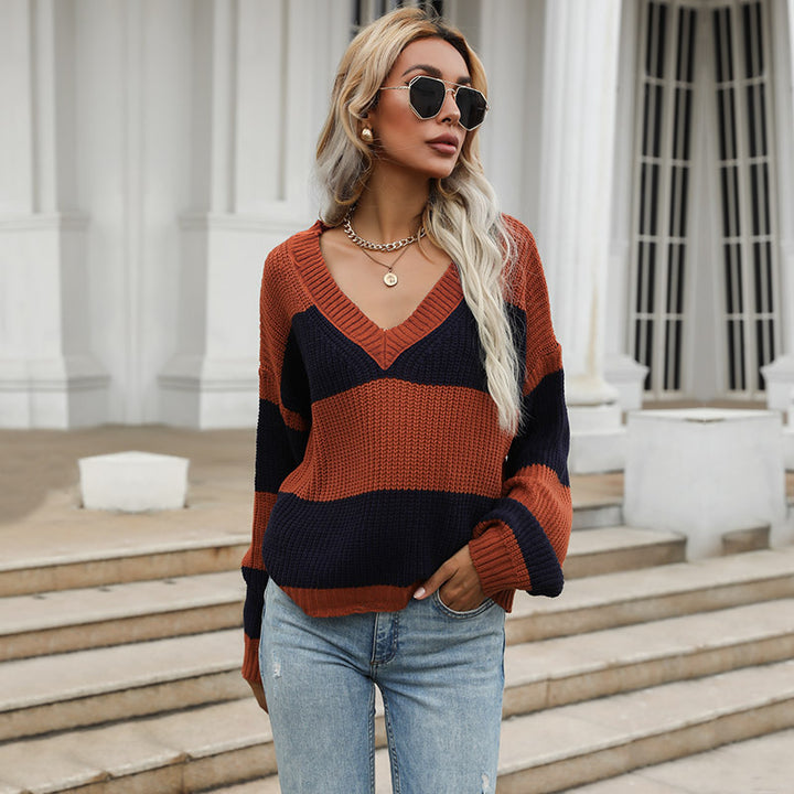 Pull en tricot surdimensionné pour femme avec encolure en V et rayures bloquées Chic & Stil