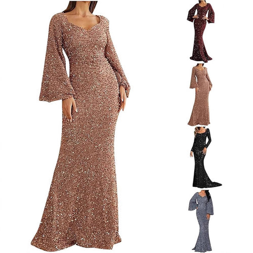 Ladies Glamorous Glitter Evening Dress with Swinging Skirt and Voluminous Sleeves Amarae