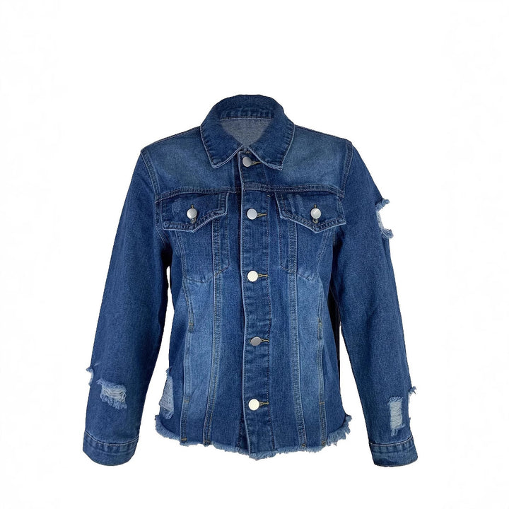 Ladies short cut denim jacket in trucker style with fringe detailing Amarae