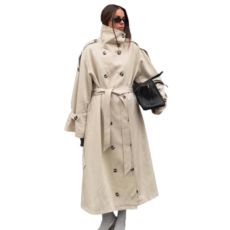Women's Long Oversized Trench Coat with High Stand Collar, Bell Sleeves and Tie Belt Amarae