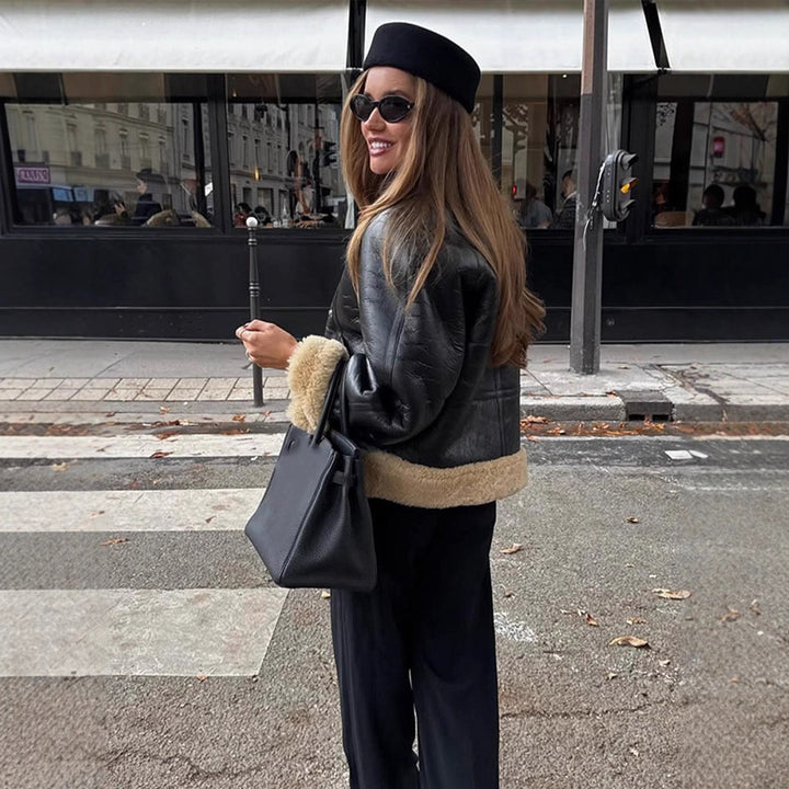 Women's short jacket in aviator style with teddy lining and double-breasted snap front Amarae
