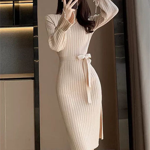 Maxi fitted dress for women with tie belt and ribbed structure Amarae