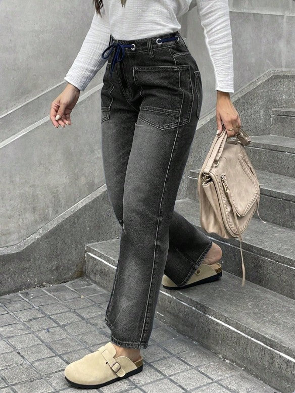 Women's high-waisted jeans with straight leg, drawstring waistband, and patch pockets Amarae