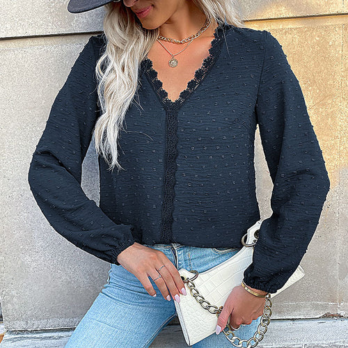 Women's blouse with V-neck and elegant lace Amarae