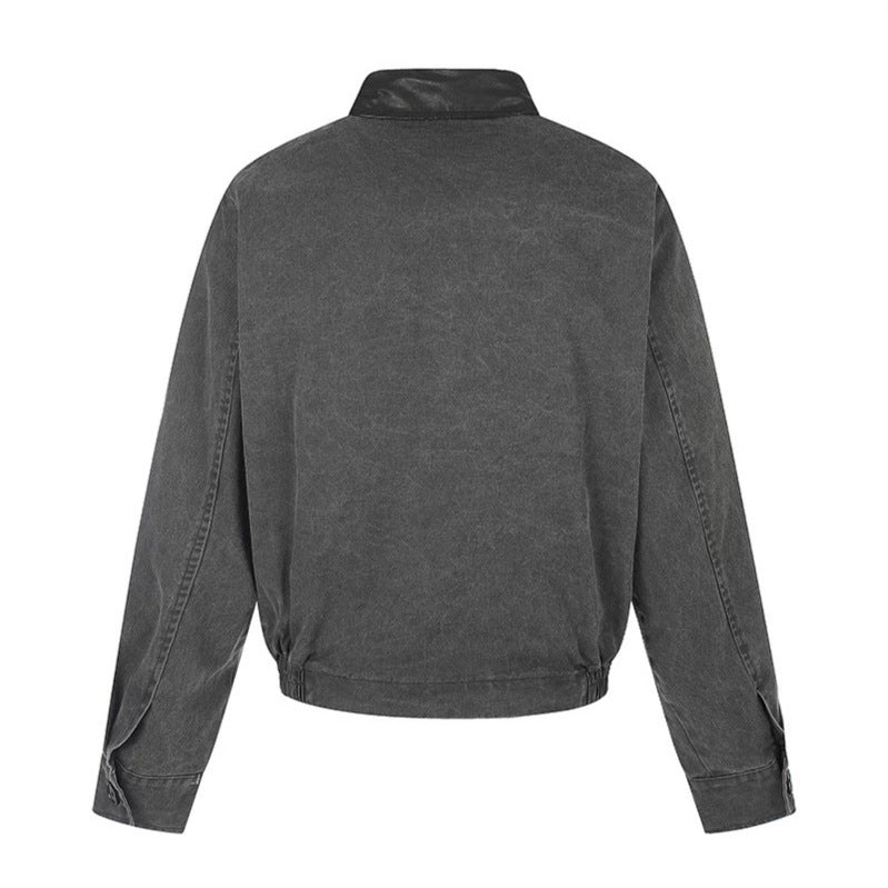 Men's Asymmetrical Canvas Bomber Jacket with Leather Straps and Stand Collar Amarae